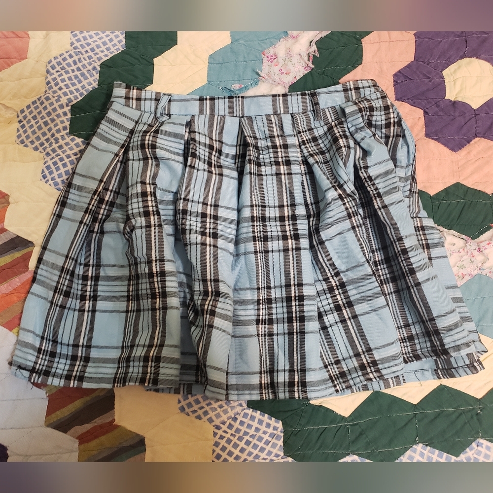 Black And Light Blue Plaid Skirt